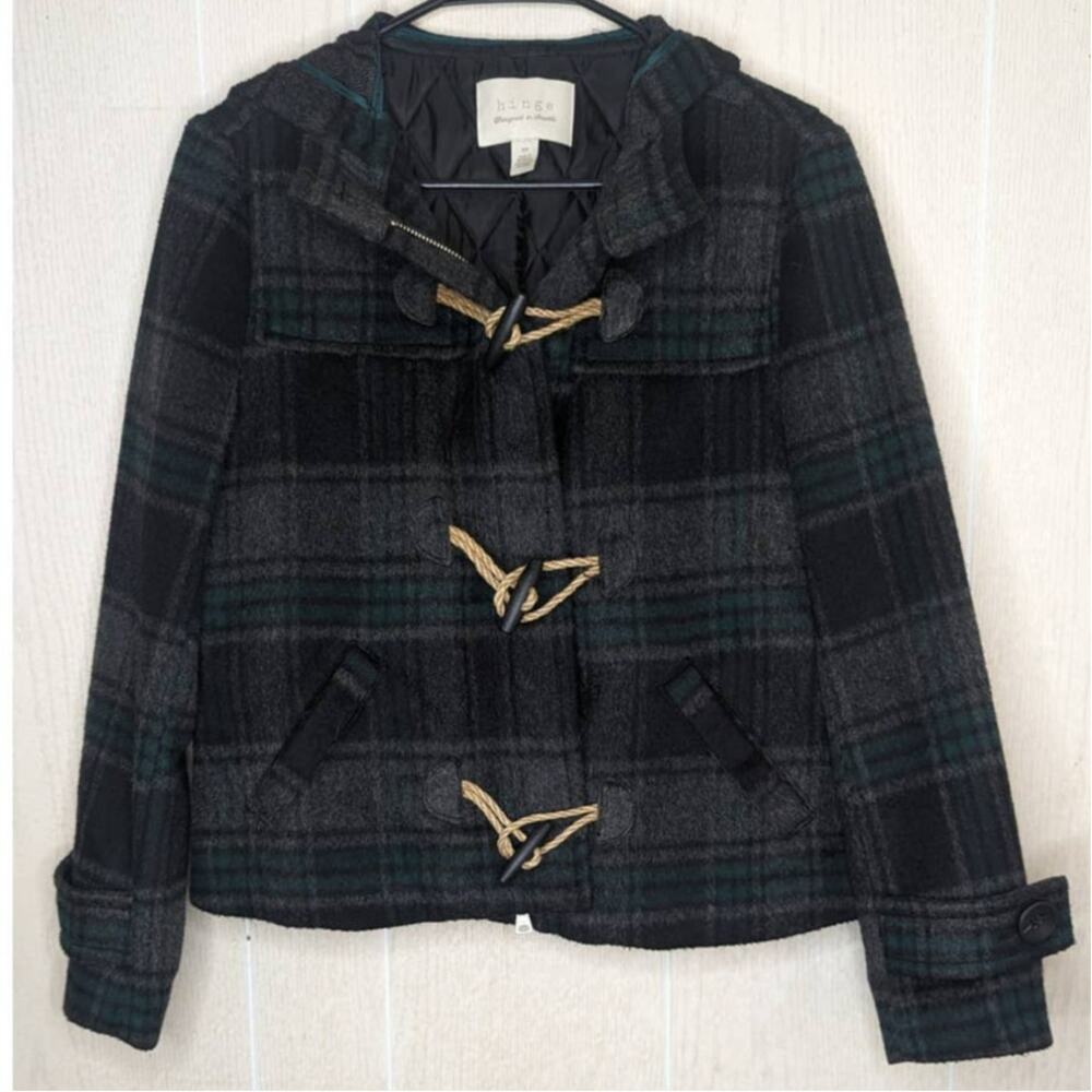 Hinge Wool Blend hooded jacket black green Tartan Plaid xsmall - Picture 5 of 13